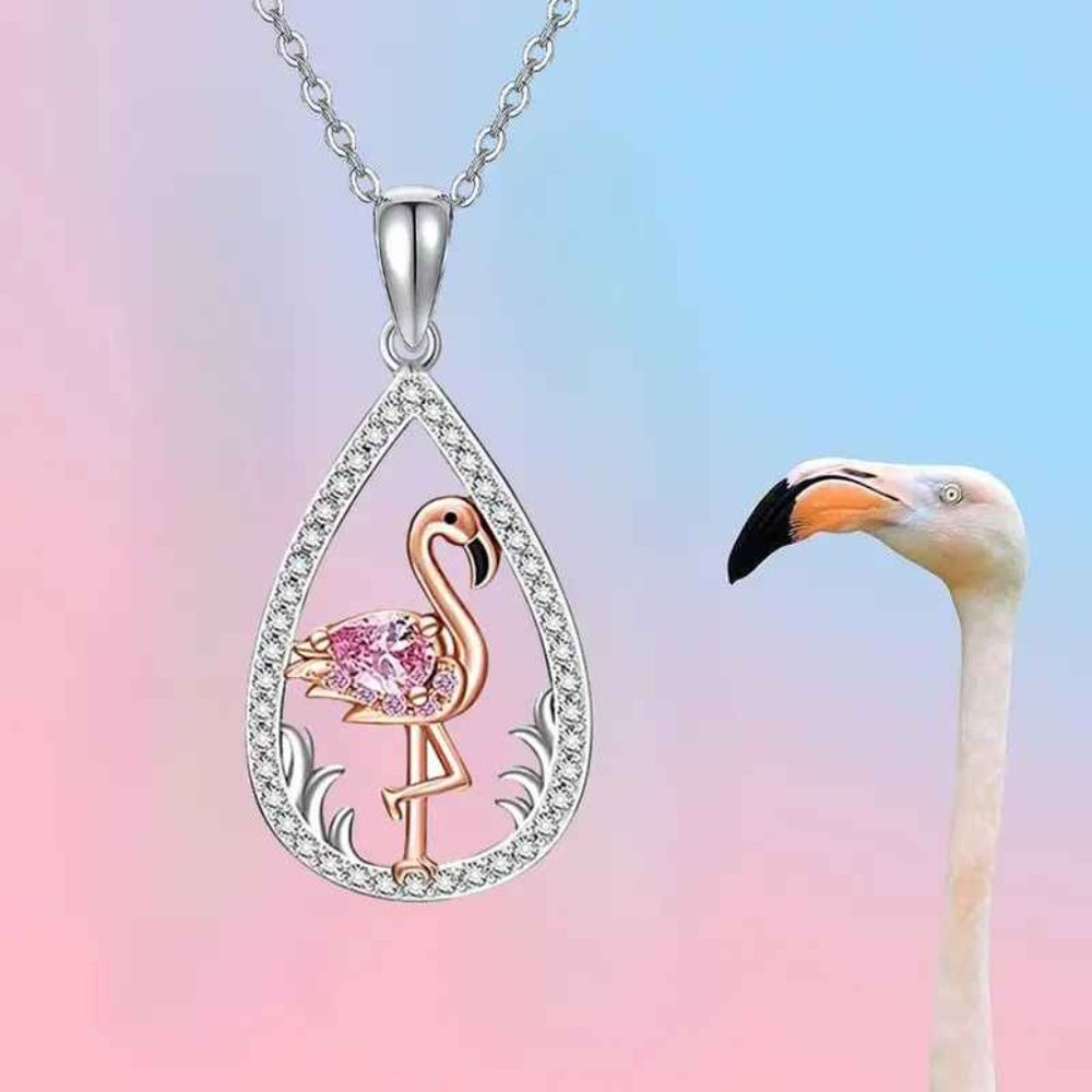 Pink Flamingo Water Drop Pendant Necklace